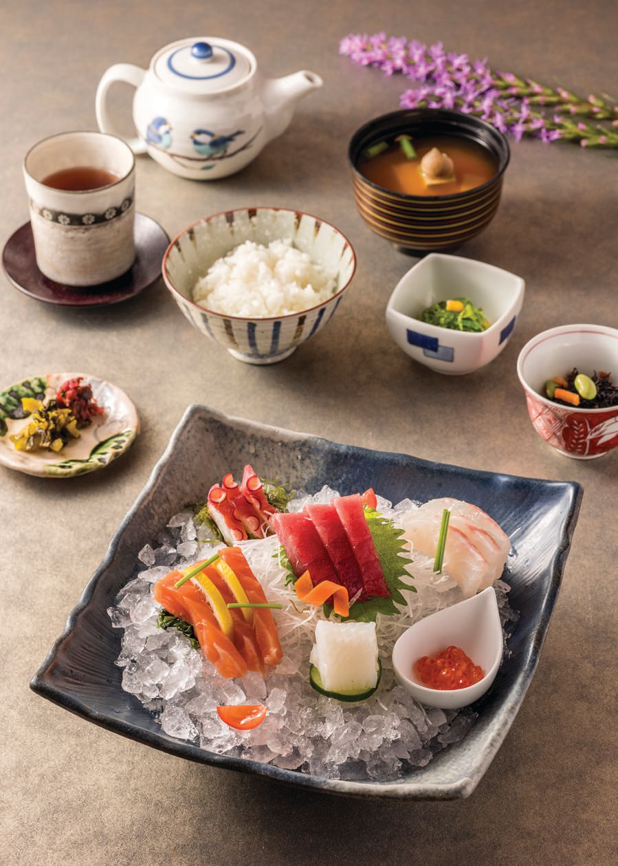 Washoku (Japanese cuisine) sushi nigiri 10-piece lunch set of fresh selections served with kobachi (small side dishes), rice and miso soup PHOTO COURTESY OF RESTAURANT SUNTORY