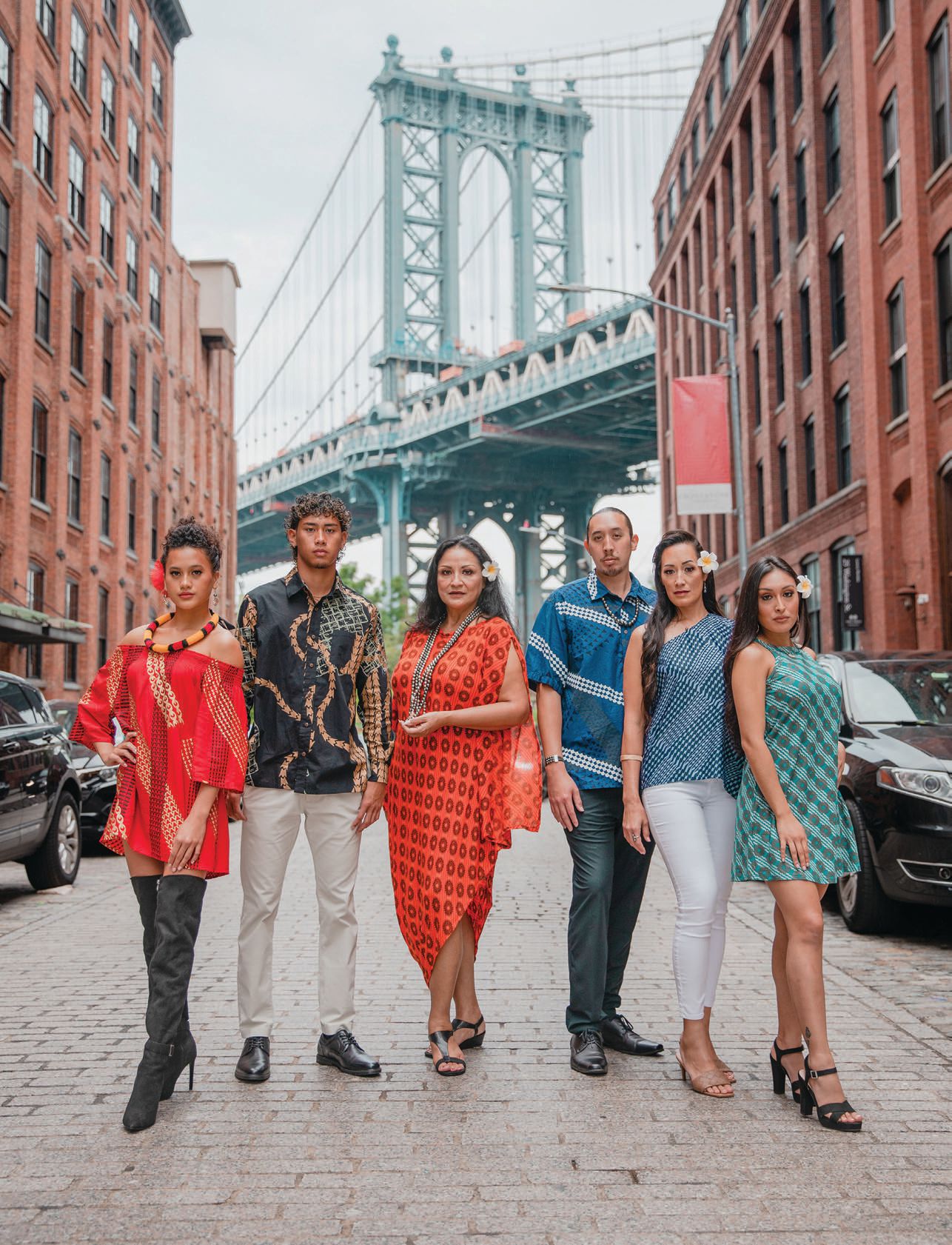 Models wearing Dezigns by Kamohoali‘i on the streets of New York City, where the brand was invited to present at NYFW last year PHOTO COURTESY OF DEZIGNS BY KAMOHOALI‘I